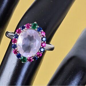 925 Sterling Silver Ring with Natural Rose Quartz & Multimix Stones.